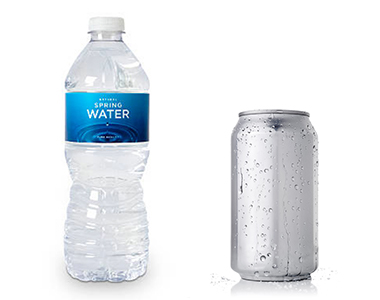 A plastic water bottle and aluminum soda can